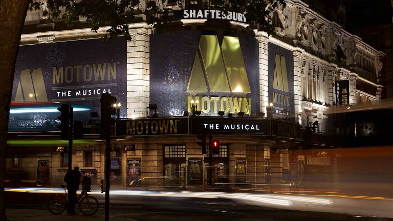 Motown at the Shaftesbury Theatre, London - front-of-house at night
