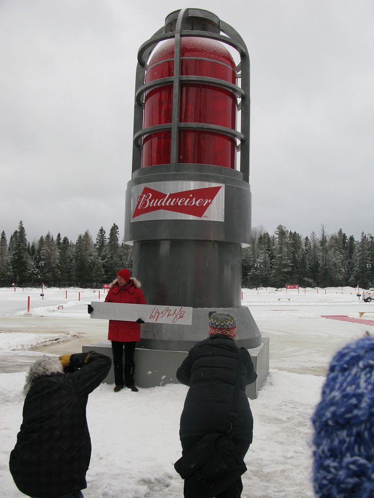 NHL legend Wayne Gretzky with the Budweiser goal light at the World Pond Hockey Championships in Plaster Rock, Canada