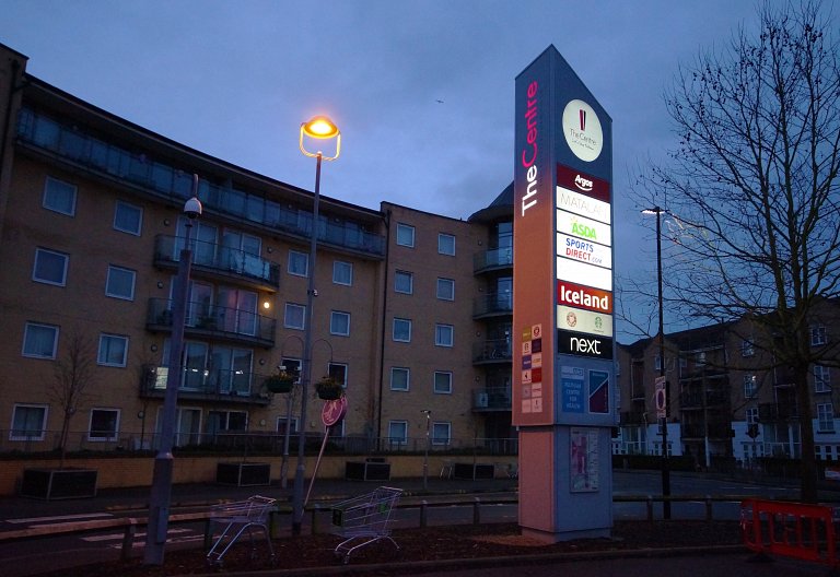 One of the large monoliths with new LED lighting and branding at The Centre, Feltham