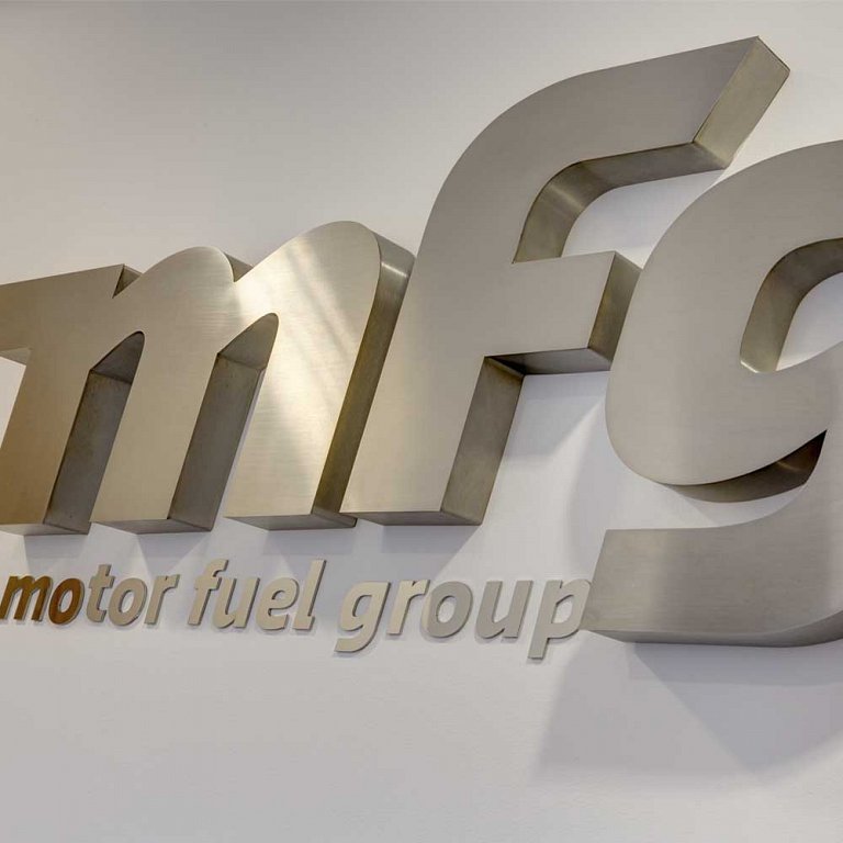 Built-up stainless steel letters for Motor Fuel Group's reception